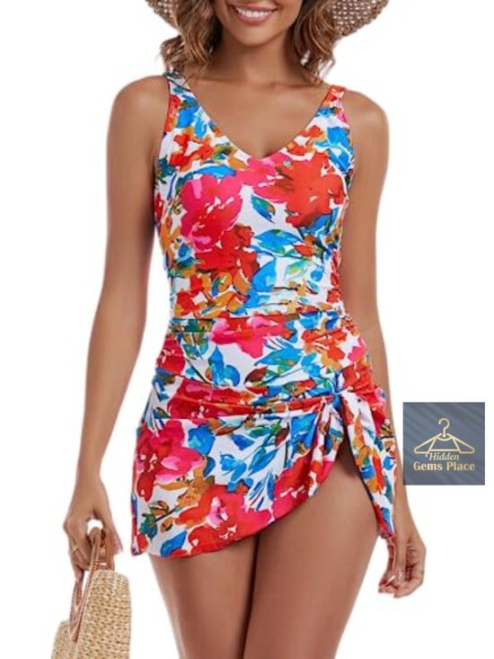 Other - One Piece Swim Dress Tummy Control V Neck Ruched Bathing Suit